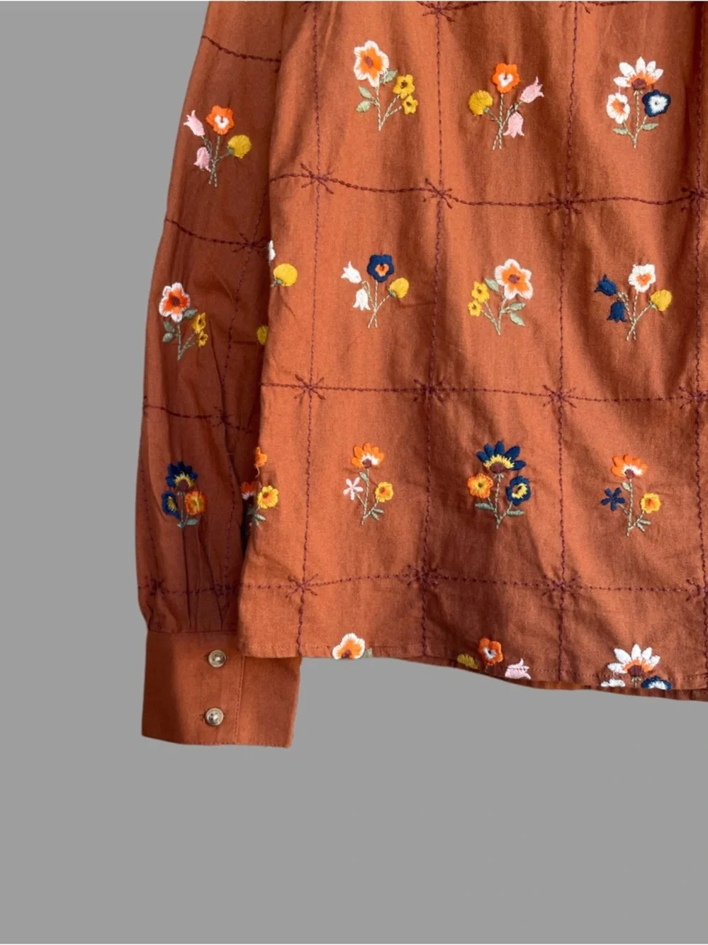 SEZANE Rust Orange Blue Floral Embroidered Ruffle Button Down Shirt Chlo Blouse - Picture 14 of 17